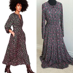BODEN Smock Tiered Jersey Multicolor Floral Print Long Sleeve Midi Dress 8L Boho